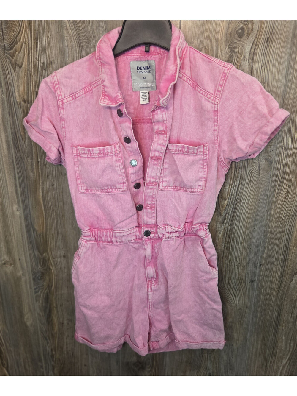 Denim Obsessed Pink Romper Shorts Wmn Sz Med Button Front Elastic Waist Pockets